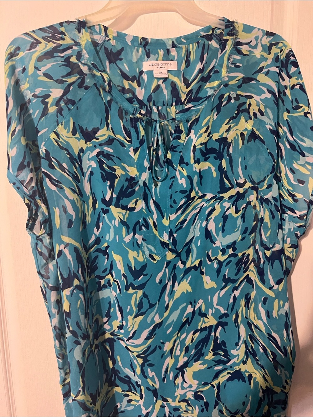 Liz Claiborne Teal and Navy Abstract Print Short-Sleeve Blouse